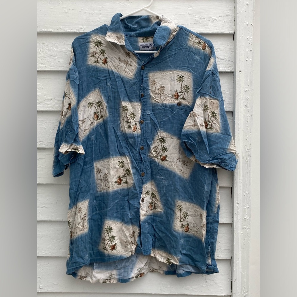 Vintage Tropical Blue Palm Tree Pineapple Casual Button Down Rayon Shirt XXL